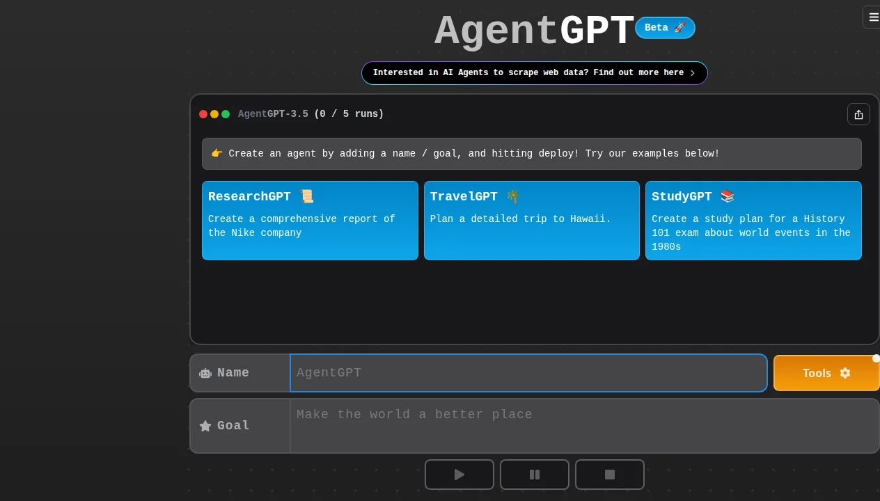 AgentGPT homepage showing the browser-based autonomous AI agent interface with goal input and task execution visualization