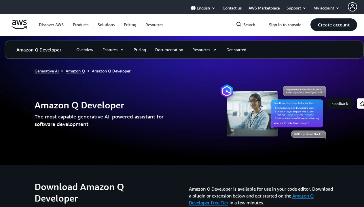 Amazon Q Developer homepage showing full-lifecycle AI coding assistant with code completion, agent tasks, and AWS Console integration