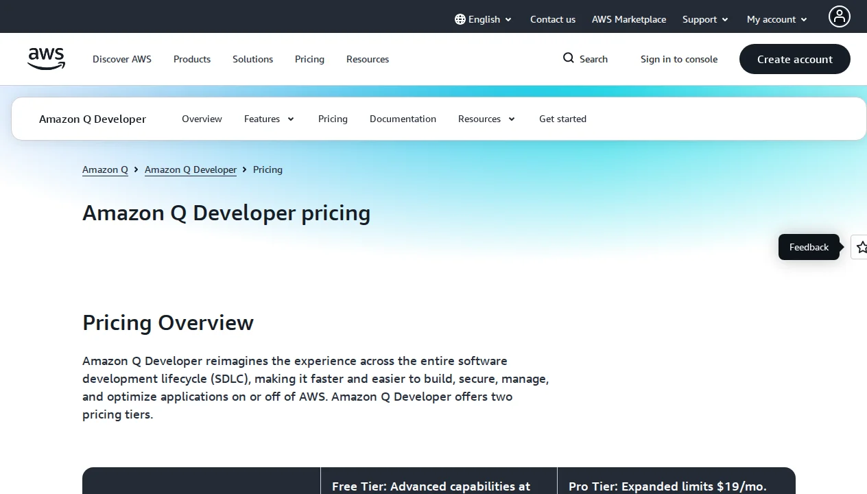 Amazon Q Developer pricing page showing Free tier and Pro tier at $19/user/month with feature comparison