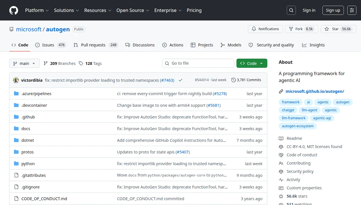 Microsoft AutoGen homepage showing the multi-agent conversational framework with async event-driven architecture and AutoGen Studio