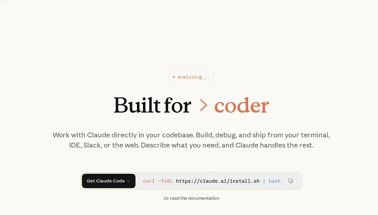 Claude Code product page showing the terminal-native agentic coding interface with the tagline Built for coders