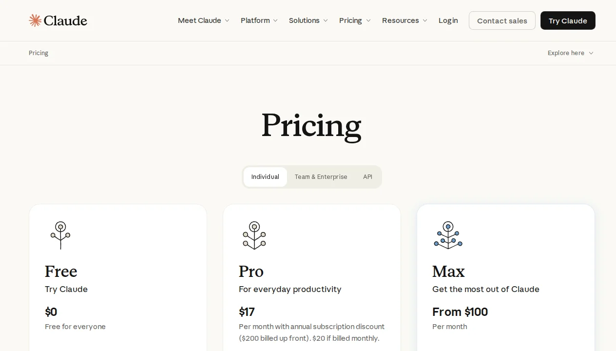 Claude pricing page showing Free, Pro, Max, Team, and Enterprise plans with features and monthly prices