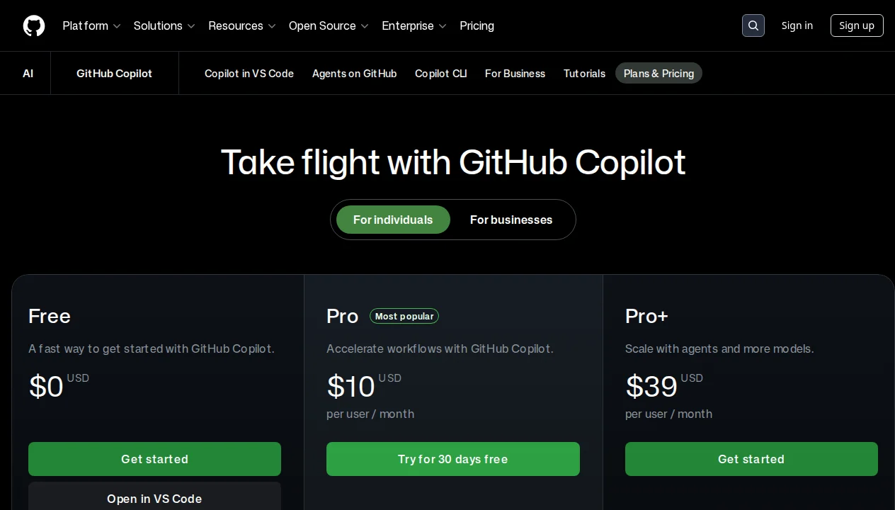GitHub Copilot pricing page showing Free, Pro, Pro+, Business, and Enterprise plans with features and monthly prices