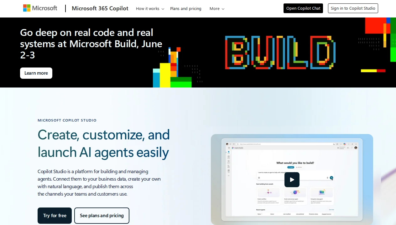 Microsoft Copilot Studio homepage showing low-code agent builder with 1,400+ connectors, MCP support, and M365 integration