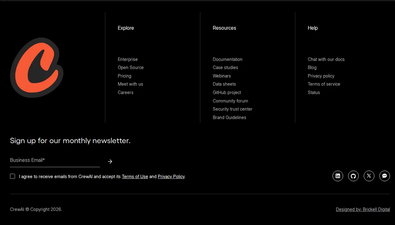 CrewAI homepage showing the role-based multi-agent framework interface with crew and flow orchestration
