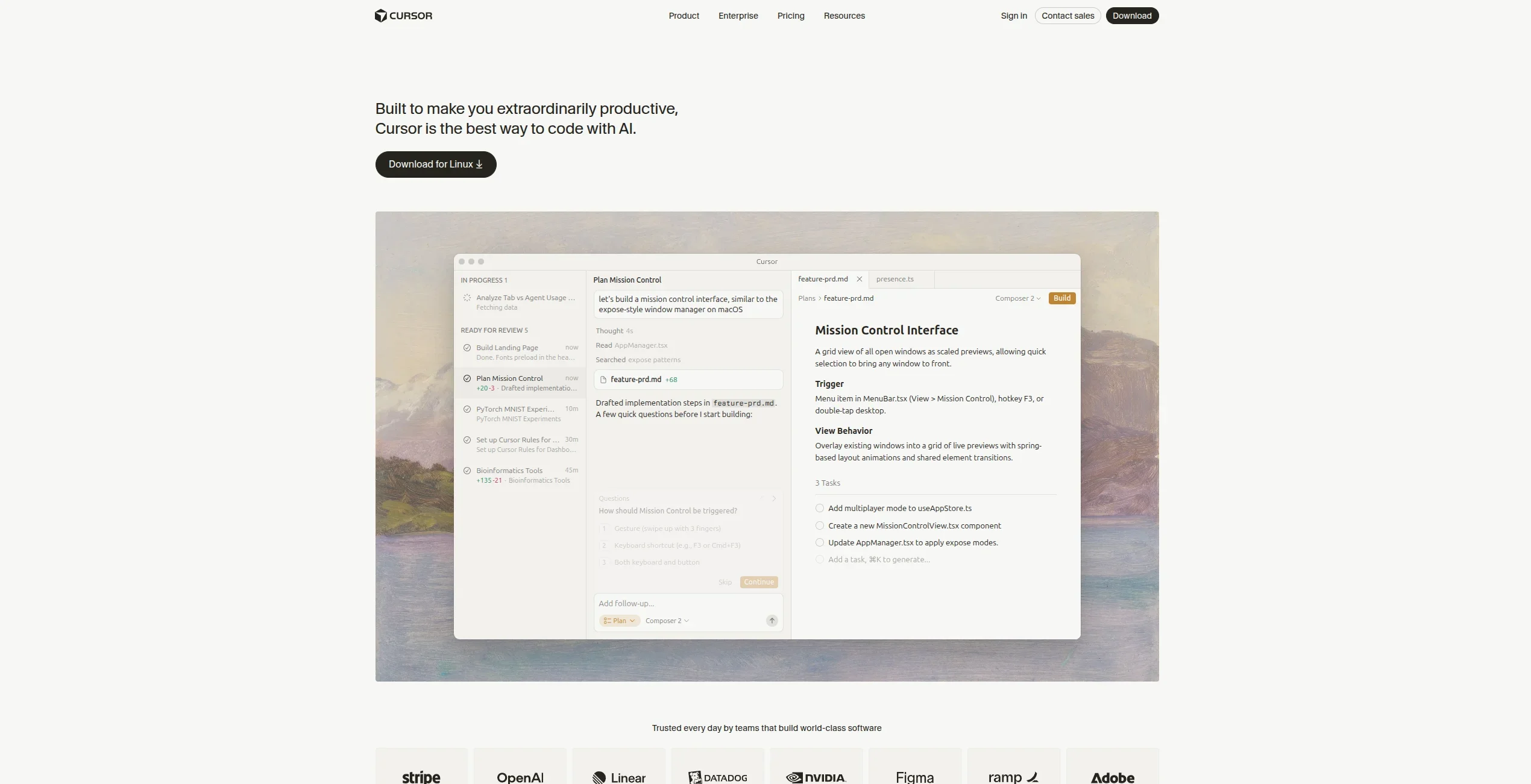 Cursor AI code editor homepage showing Composer 2 interface with autonomous agent mode, multi-file editing, and task management