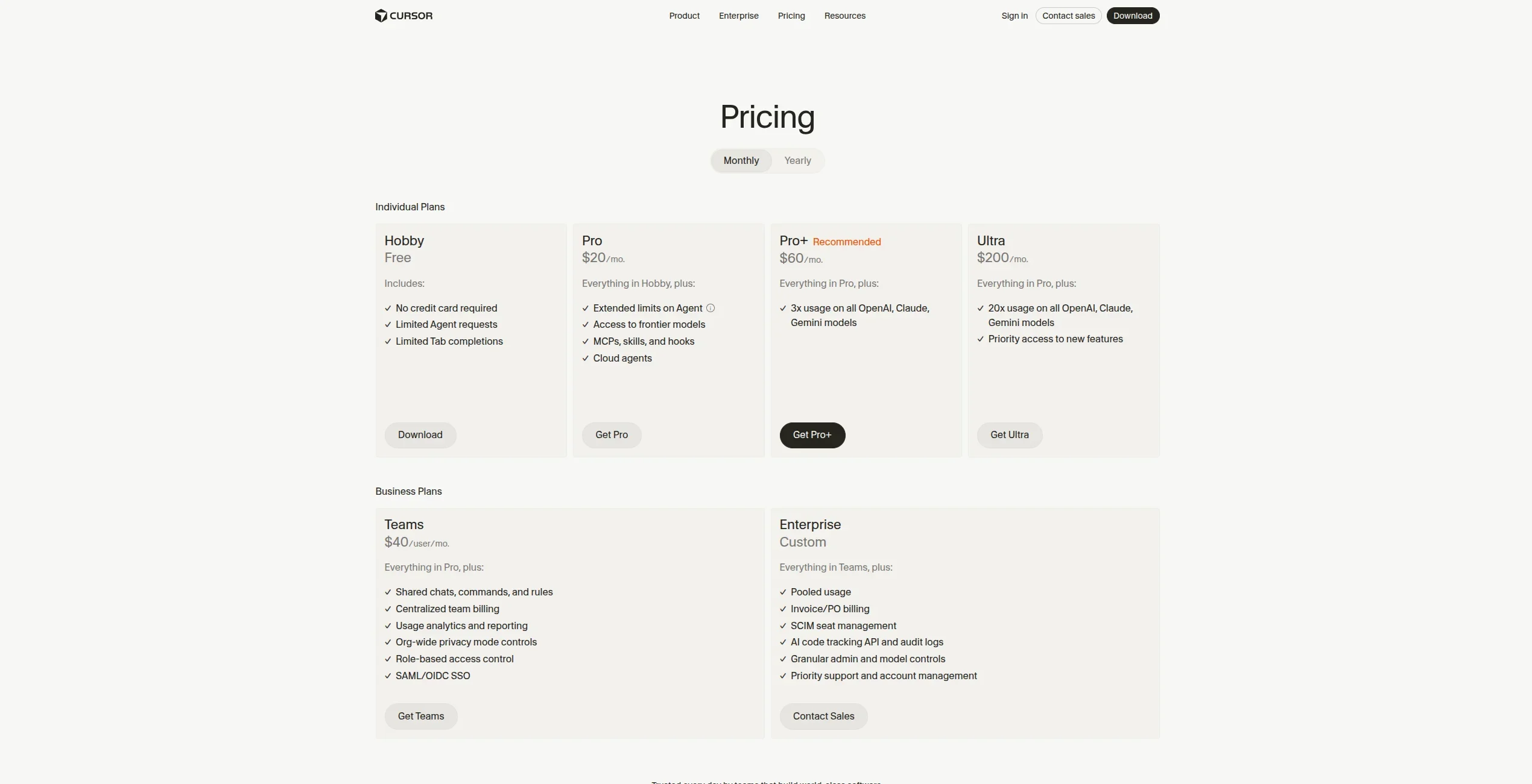Cursor pricing page showing all individual and business plans with features and prices