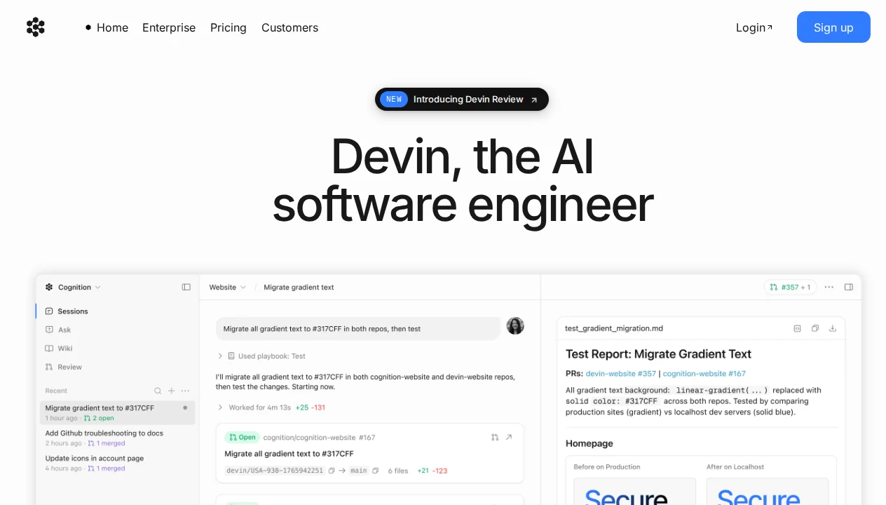 Devin AI homepage showing 'Devin, the AI software engineer' with autonomous coding agent interface by Cognition AI