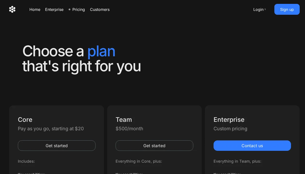 Devin AI pricing page showing Core pay-as-you-go at $20, Team at $500/month, and Enterprise plans with ACU details