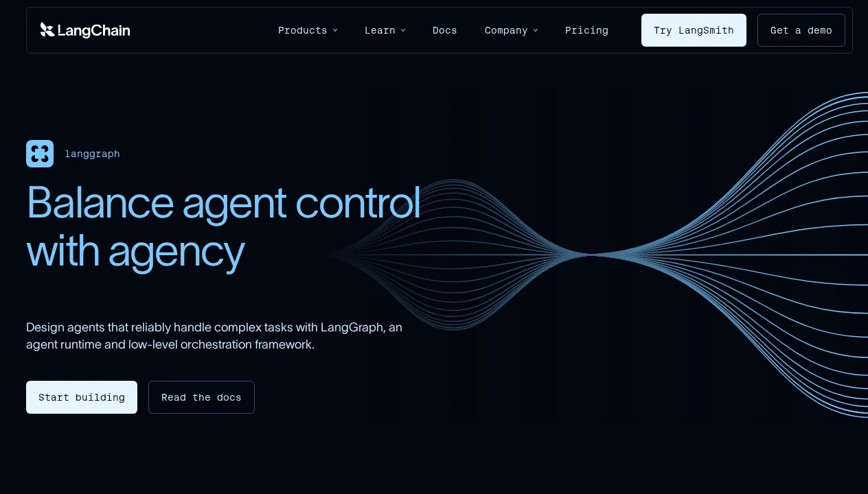 LangGraph homepage showing graph-based agent orchestration with built-in memory, streaming, and human-in-the-loop support