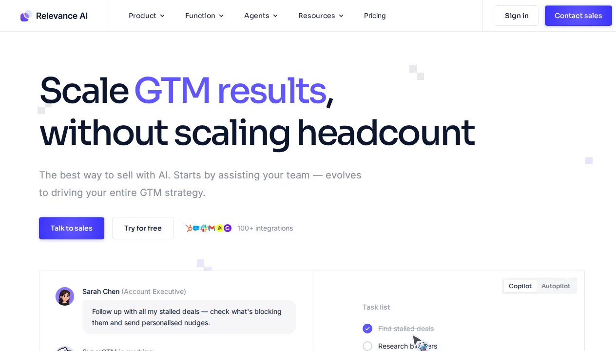 Relevance AI homepage showing the no-code AI agent builder with multi-agent workforce orchestration for sales and marketing automation
