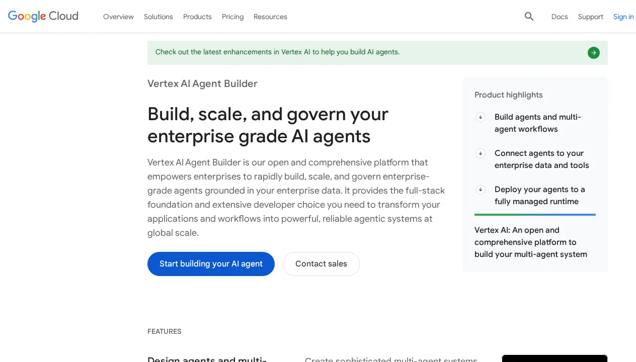 Google Vertex AI Agent Builder homepage showing A2A protocol, Memory Bank, Gemini integration, and enterprise-scale deployment capabilities