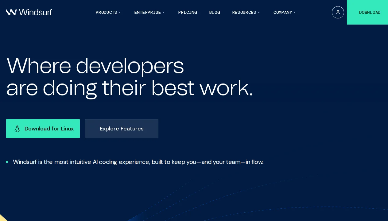 Windsurf AI code editor homepage showing Cascade agentic AI system, Memories feature, and VS Code-compatible interface