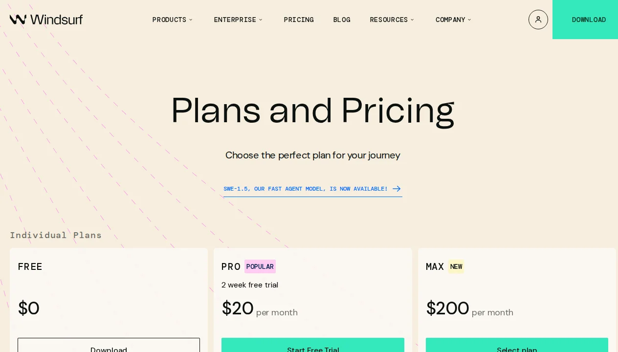 Windsurf pricing page showing Free, Pro, Max, Teams, and Enterprise plans with features and monthly prices