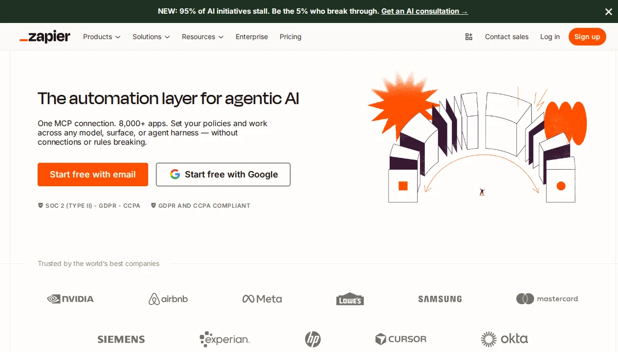 Zapier homepage showing the automation platform with 8000+ integrations, Canvas visual workflow builder, and Zapier AI Agents